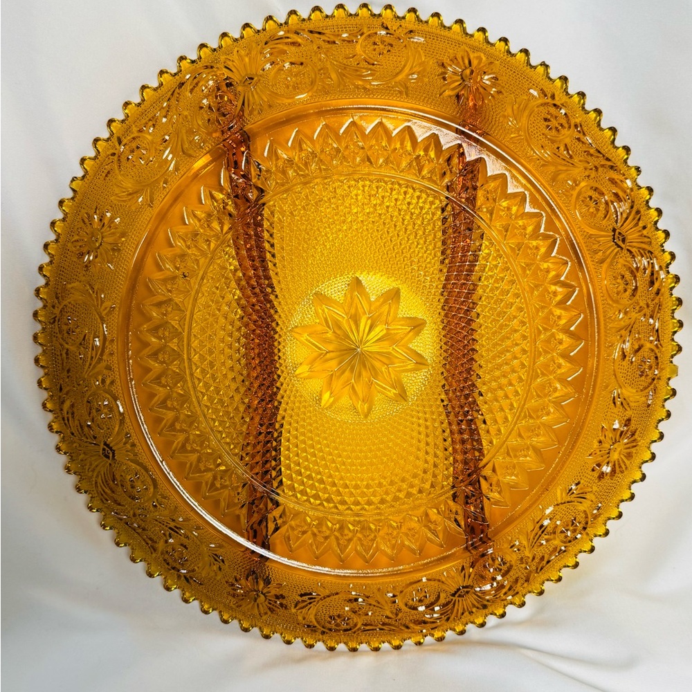 Vintage Amber Glass Sandwich Serving Tray - Starburst Scalloped Rim VTG 70s - Picture 5 of 7